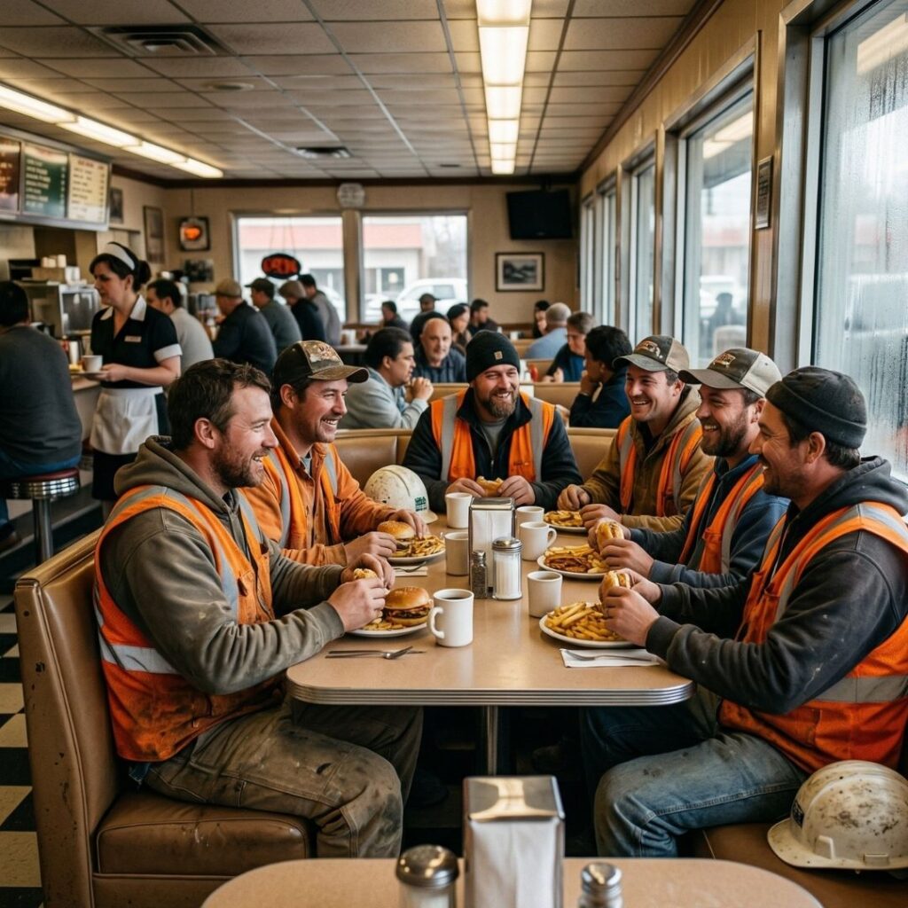 crew eating at a local diner